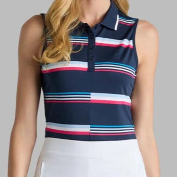 New G/Fore Women's Tech Pique Sleeveless Golf Polo -Navy Stripe Size L MSP$110