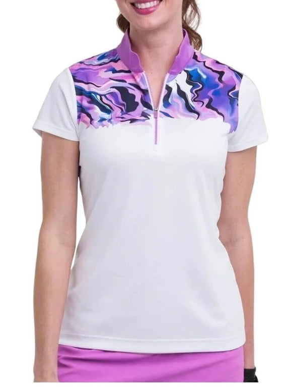 New Women's EP NY Cap Sleeve Split Zip Mock Golf Polo- White Multi MSP$88