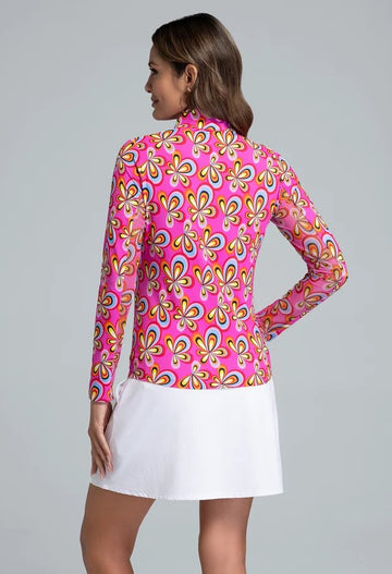 New Ibkul Arya Print Long Sleeve Mock Neck Top - Hot Pink Multi MSP $101 - 0