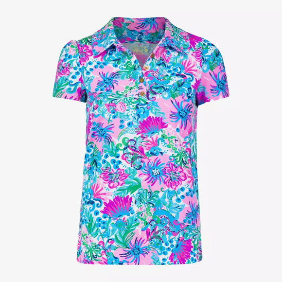 Lilly Pulitzer Luxletic Frida Floral Puff Short Sleeve Polo Shirt Size M MSP$118