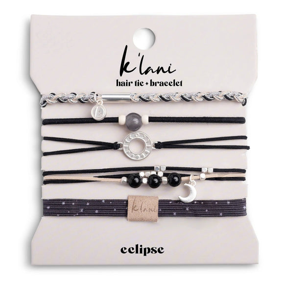 New K'lani "Eclipse" Black, White & Grey with Silver Metallic & Moon Accent Hair Tie Bracelets