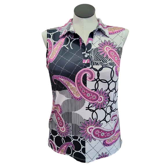 Acegolfs Purple, Black & White Paisley Collage Sleeveless Top Size XL