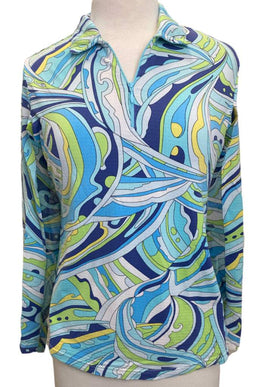 Icikuls Blue, White & Lime Patterned Long Sleeve Sun Shirt Size M  MSP$96