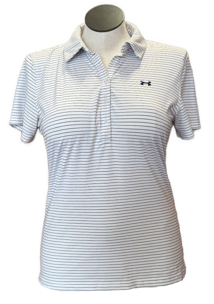 Under Armour Women's White & Navy Striped Golf Polo Size L MSP$60